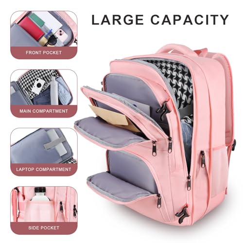 Travel Backpack for Women, 52L Carry On Backpack, Extra Large Expandable Travel Bag, 18.4 Inch TSA Flight Approved Luggage Personal Item Size with USB, Teacher Business Daypack, Pink