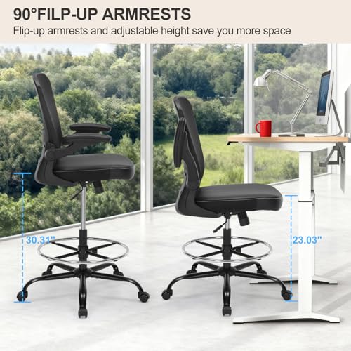 Bondesin Drafting Chair Tall Office Chair with PU Leather Seat, 400 lb Ergonomic Desk Stool with Lumbar Support, 360° Wheels