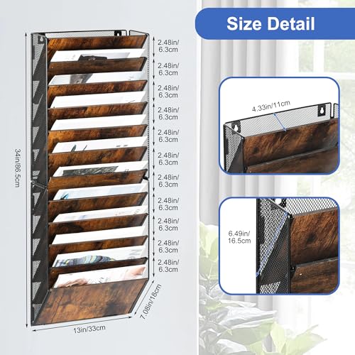 12-Pocket Wall File Organizer, Wood Mail Organizer Wall Mounted Paper Document Magazine Holder, Hanging Clipboard Storage Basket for Office Home School Organization, Black/Antique