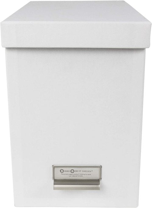 Bigso John Fiberboard Label Frame Desktop File Storage Box - Document Organizer for Important Paperwork - Durable Hanging File Box with a Lid & Metal Label Window - 7.4 in x 13 in x 10.4 in - White