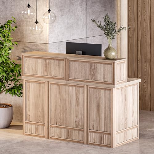 LITTLE TREE 57-Inch Reception Counter, Boho Style Front Desk, Modern Checkout Counter, Reception Desk for Retail, Lobby, Salon, Office, Oak