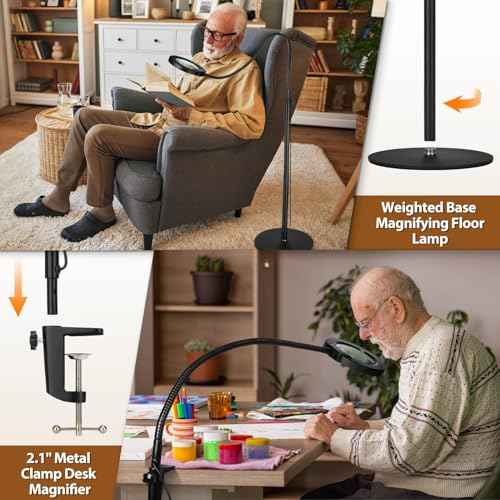 8X Magnifying Glass with Light and Stand, Krstlv 24" Flexible Gooseneck Magnifying Floor Lamp, 3-in-1 LED 5 Color Modes Stepless Dimmable Lighted Magnifier Hands Free for Close Work, Hobby, Esthetican