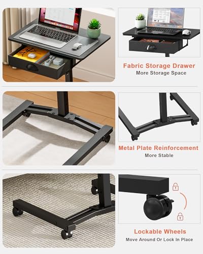 Cidaziya Black Adjustable Height Rolling Laptop Desk With Drawer for Small Spaces