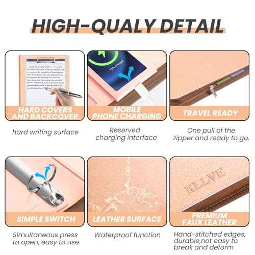Leather Padfolio Portfolio with Clipboard Storage, Removable 3 Ring Binder 1 Inch Zipper Binder, Document Organizer for Women Men with Notepad, 5 Pocket Dividers, Pen Holder, Rose Gold