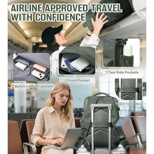 Vacuum Travel Backpack with Pump for Women, Personal Item Carry on Vacpack Backpacks Flight Approved 18x14x8 inches for Men,Laptop Waterproof Work Compression bags Casual Daypack,BrownGreen