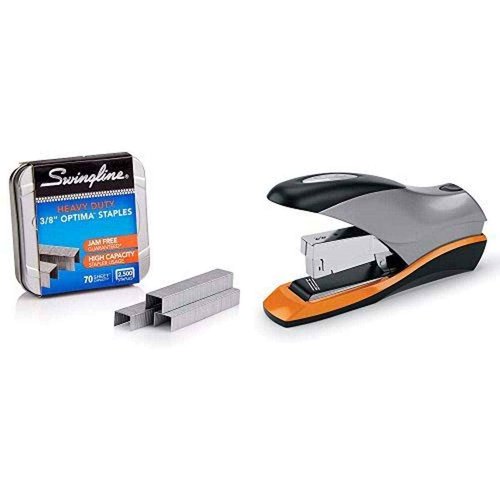 Swingline Staples, Optima, Heavy Duty, 3/8" Length, Jam Free, 125/Strip, 2500/Box, 1 Box (35550) and Stapler, Optima 70, Desktop Stapler, 70 Sheet Capacity, Reduced Effort, Half Strip, Silver (87875)