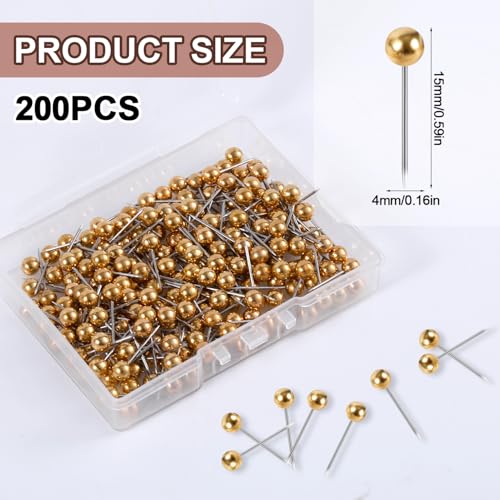 Gold 200pcs Map Push Pins Round Head Tacks for Travel - 4x15mm with Storage Box