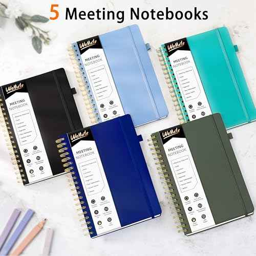 WEMATE 5 Pack Meeting Notebooks for Work£¨7"x10"£© 200 Pages, PU Leather Notebook with Action Items & Note, For Staff & Students, Meeting, Projects Planning- Black, Blue, Green, Olive Green, Dark Blue