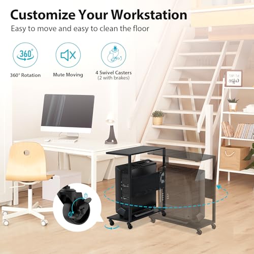Computer Tower Stand, C-Shape Large PC Stand Gaming Computer ATX-Case Storage, 2-Tier Mobile CPU Holder Cart Laptop Standing Table with Rolling Wheels for Home, Office, Black