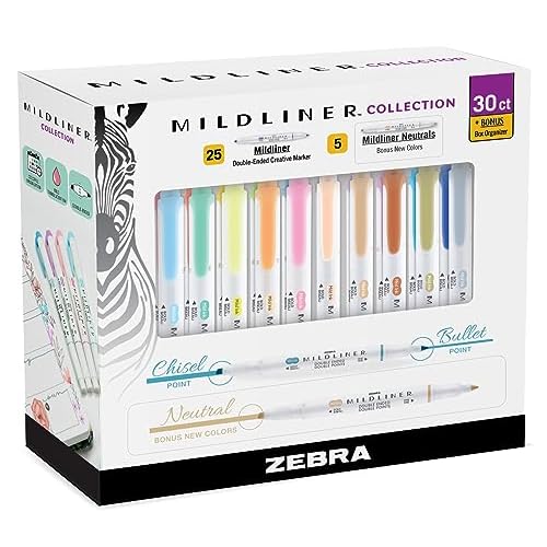 Zebra Pen Mildliner Double-Ended Highlighter Set, Broad and Fine Point Tips, Ideal for Bible Highlighting, No Bleed, 30 Pastel and Neutral ink Colors, Pack of 30