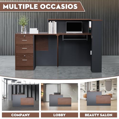 Yorkgargen Walnut & Gray L-Shaped Reception Desk 71" with Lockable Drawers & Storage