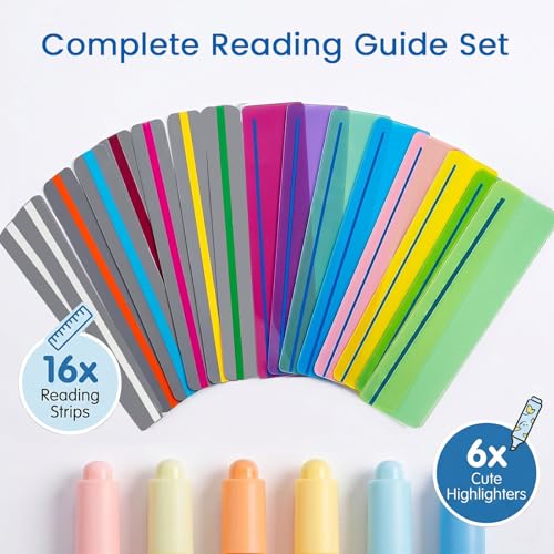 Koogel 22-Piece Guided Reading Strips Kit with 16 Colored Overlays & 6 Highlighters - Mixed Colors