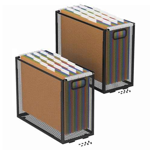Oterri Hanging File Organizer - Portable Desktop Mesh Crate for Letter Size Folders, 2 Pack (Cool Black)