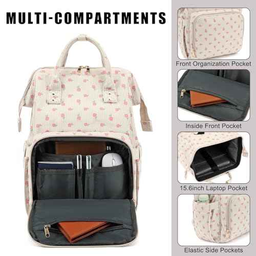 Women Corduroy College School Backpack Bookbag, 15.6 Inch Travel Laptop Backpack Casual Daypack (Flowers Pink)