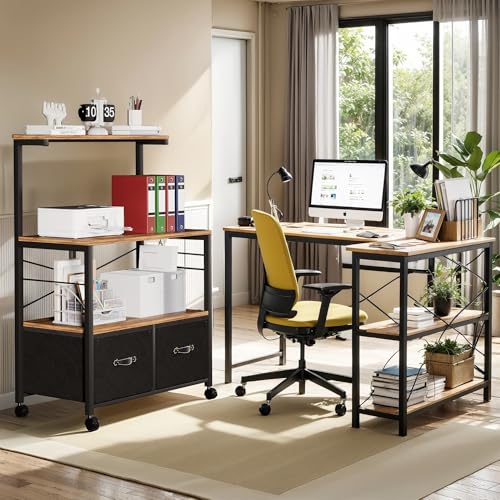 VECELO Lateral File Cabinet on Brakeable Wheels, Large Printer Stand with 3 Open Storage Shelf, Large Capacity, Ideal for Home Office, Suit for Letter Size, Brown