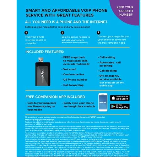 magicJack VOIP Phone Adapter - Unlimited Calls to US & Canada, No Monthly Bill, Portable Internet Phone with App, magicIN¢â & magicOUT¢â Service