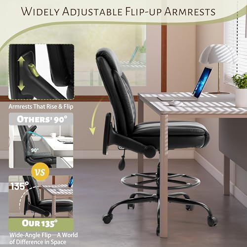 Sofayonn Drafting Chair Black with Flip-Up Armrests, Adjustable Foot Ring & Inflatable Lumbar Support - Tall Executive Task Stool