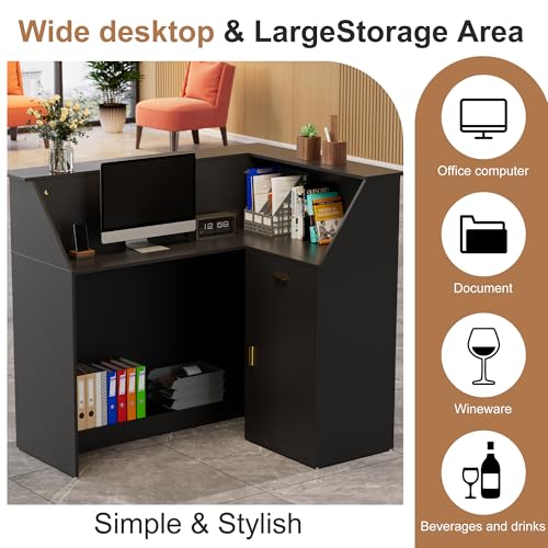 PAKASEPT 50" Modern Reception Desk with LED Lights, Glass Display Shelf, Black