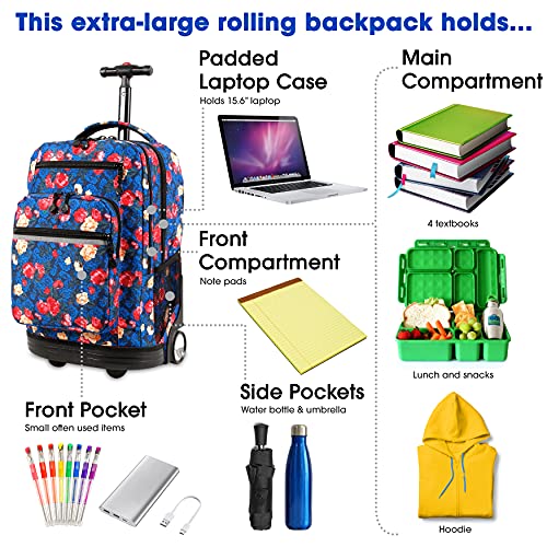J World Sundance Laptop Rolling Backpack for Girls Boys. Roller Bookbag with Wheels, Vintage Rose