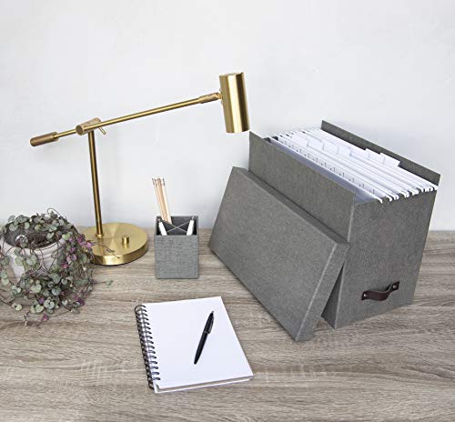 Bigso John Desktop File Box - Storage Solution and Document Organizer for Important Paperwork - Durable Hanging File Box with a Lid and Leather Handle - 7.4 in x 13 in x 10.4 in - Grey
