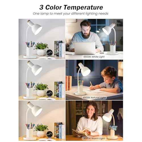 LED Desk Lamp with Pen Holder, Eye-Caring Desk Light 3 Color Modes Reading Light Flexible Gooseneck Metal Study Lamp, Cute Table Lamps for Home Office Bedside Dorm(White lamp)
