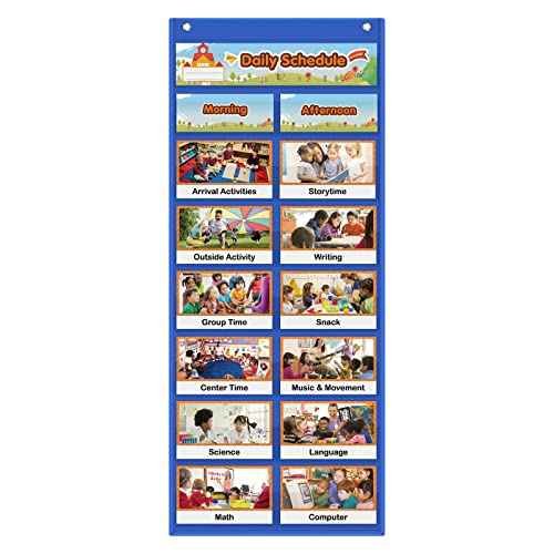 Auchq Daily Schedule Pocket Chart, Visual Schedule for Kids with 23 Activity Cards, 8+1 Pockets, 4 Blank Dry-Erase Cards Included, Great for Classroom Preschool-1 st Gr.(17¡¯¡¯ x 38.5¡¯¡¯ in)