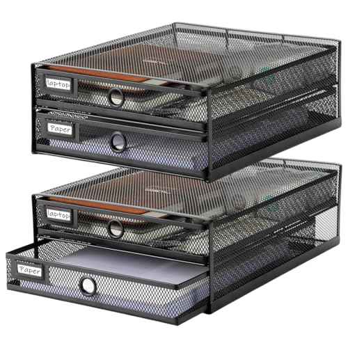 Zhanmai 2 Pack Desk Organizer with Drawer Total 4 Tiers, Wire Mesh Organizers Tray Multifunctional Paper Sorter File Stand for Home Office Supplies Storage Letter A4 Paper Office Accessories (Black)