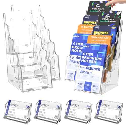 4 Pcs Acrylic Brochure Holder, 4 x9 Inches Flyer Holder, 4 Tier Clear Pamphlet Holder, 4 Inch Wide Magazine Literature Organizer Holder, Brochure Display Stand, for Wall Mount or Desktop Use