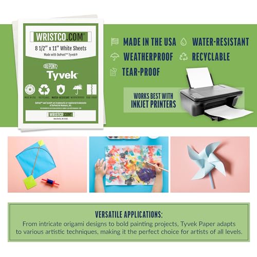 WristCo Printing and Crafting Paper ? Water-Resistant Paper for Inkjet Printer ? Tyvek Sheets Double Sided, Tear-Resistant, Durable, Weatherproof for Signs, Origami, Painting, & Drawing - 100 ct