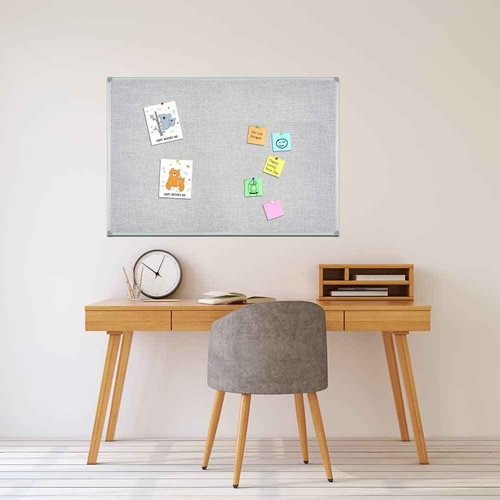 Lockways 36" x 24" Premium Cork Bulletin Board, Light Grey Framed Linen Fabric Pinboard with Silver Aluminum Frame for Home, Office & Kitchen Organization