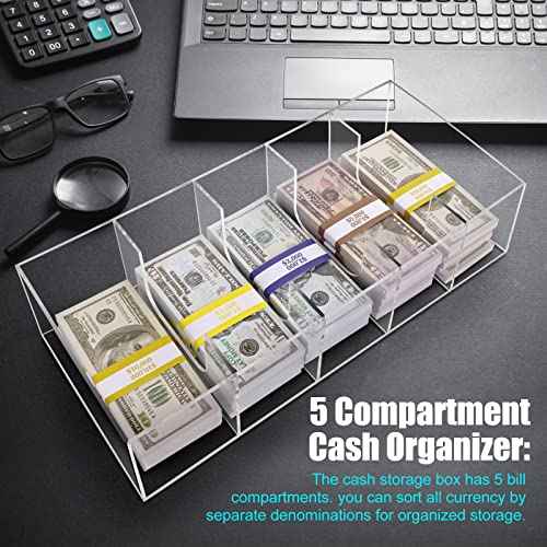 Clear Cash Tray With 300 Currency Wrappers, Acrylic Money Organizer Storage Change Box Case - 5 Compartments
