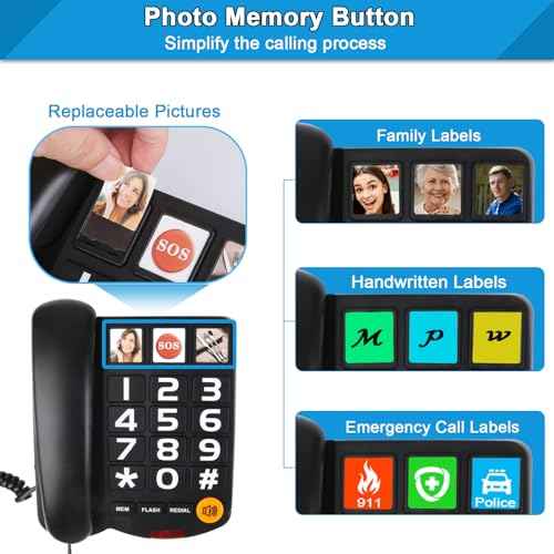 Sangyn Landline Phones for Seniors with Large Button Corded Telephone for Home with Amplified Loud Ringer Volume Adjustable One-Touch Dialing Big Button Telephones for Visually Hearing Impaired,Black