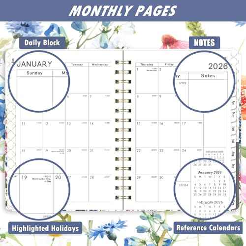 2026 Planner - Jan. 2026 - Dec. 2026, 2026 Planner Weekly and Monthly with Tabs, 6.3" x 8.4", Planner 2026, Hardcover with Back Pocket + Thick Paper + Twin-Wire Binding - Flowers
