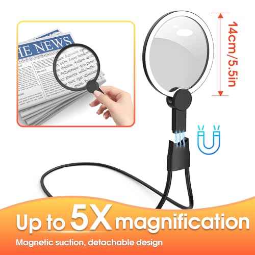 IMICHI Large Magnifier with Light-Hands Free- 5.1 Inch 6X Magnifying Glass Suit for Large Hands/Pursuing a Wide View, Neck-Worn Magnifier for Seniors, Gifts Perfect for Reading, Sewing