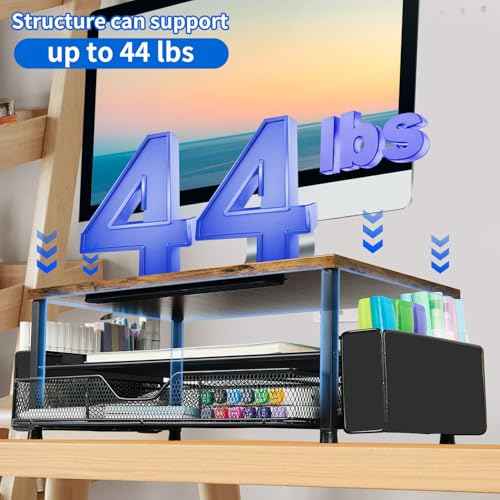 AUPSEN Wood Desk Organizers and Accessories, 2-Tier Computer Monitor Stand Riser with Drawer, Pen Storage & Phone Holder, Office Desk Accessories, Workspace Desktop Organization for Office Supplies£¨Brown£©