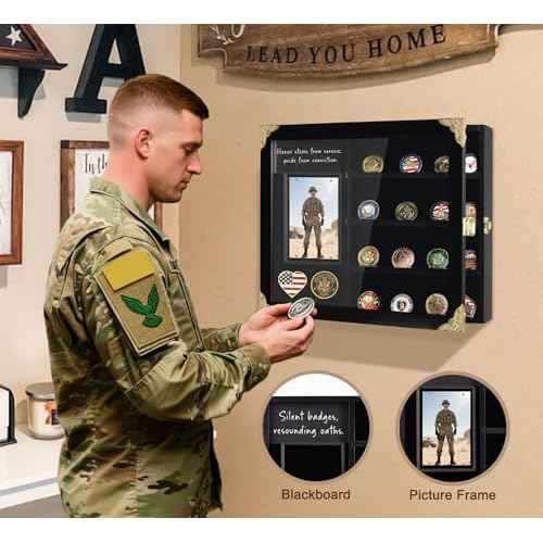 Challenge Coin Display Case with Light, Removable Shelves and Picture Frame for Honor Military Coin Holder Wall Mount, Memorial Gift for Men Veterans Collectors (Black)