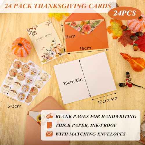 24 Pack Thanksgiving Cards with Envelopes, 4 x 6 in Bulk Thanksgiving Cards with Stickers, 6 Designs Thanks & Blessings Greeting Card Boxed for Fall Autumn Holiday Happy Harvest Party