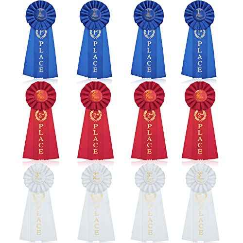 MTLEE 24 Pieces Award Ribbons Set 1st Place Rosette Ribbon Prize for Medals Winner Grand First Second Third Place for Competition Sports Events Prizes, 1st Blue, 2nd Red, 3rd White