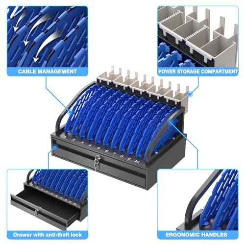 10-Device Open Charging Station for Chromebooks & Tablets - Heavy-Duty Steel Rack with Lockable Storage Drawer, Multi-Device Charging Organizer for School, Office, Hospital