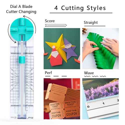 Paper Trimmer Craft Paper Cutter: 4 Style Multi-Function Scrapbooking Tool with Dial Blades of Straight,Wave,Dotted,Perforated,Creasing for Cutting Paper,Coupons,Photos,Postcards,Scrapbook,Card