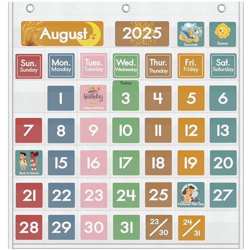 46 Pockets Classroom Calendar Pocket Chart with 77 Cards, Daily Monthly Learning Calendar for Circle Time Weather Seasons, Preschool Kindergarten Homeschool Must Have, Teacher Essential Supplies White