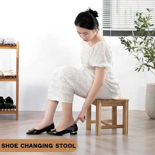 12 Inch Wooden Step Stool, Small Nature Beach Chair Under Desk, Indoor Acacia Wood Short Footstool for Living Room, Kitchen, Bathroom