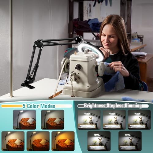 10X Magnifying Glass with Light and Stand, 3-in-1 Adjustable Swivel Arm LED Magnifying Floor Lamp, 5 Color Modes Brightness Stepless Dimming Lighted Magnifier Hands Free with Clamp for Craft, Reading