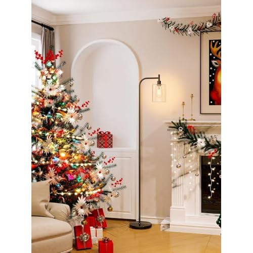 addlon Floor Lamps for Living Room Bright Lighting with Glass lampshade, Modern Bright Floor Lamp with LED Bulbs Industrial Standing lamp for beroom, Tall Pole Lamps Office - Black