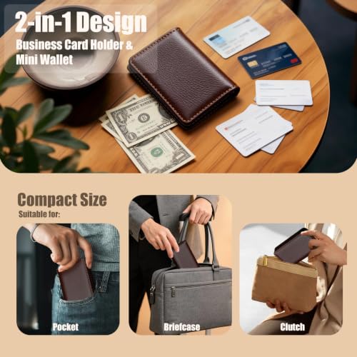 Uloryce Coffee Brown PU Leather Business Card Holder with Magnetic Closure Slim Wallet for Men & Women