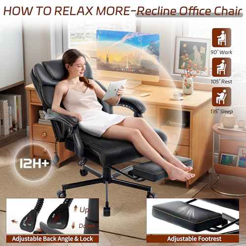 600LBS Big and Tall Office Chair for Heavy People, Reclining Executive Office Chairs with Foot Rest&Air-Adjust Lumbar Support, PU Ergonomic High Back Computer Chair Double Space Casters,Black