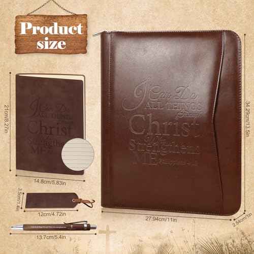 4 Pcs Christian Gifts for Men Pastors Appreciation Leather Bible Portfolio Scripture Notebook Bookmark Pen Religious Present Pastor Kit Supplies Accessories, 'I can do all things' Church Notes Journal