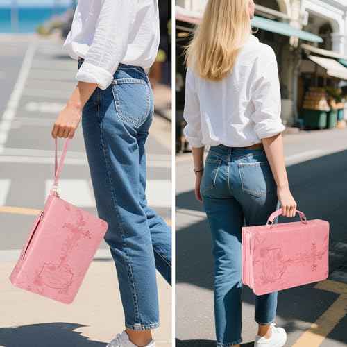 Pink Bible Cover Case for Women£¬Large PU Leather Debossed Scripture Cover with Cross & Rose£¬Bible Accessories£¬Bible Carrying Case for Women, Girls, Gifts