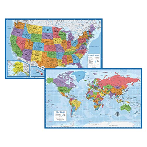 Blue Laminated World & US Map Poster Set - 18x29 inches Wall Charts - Made in USA