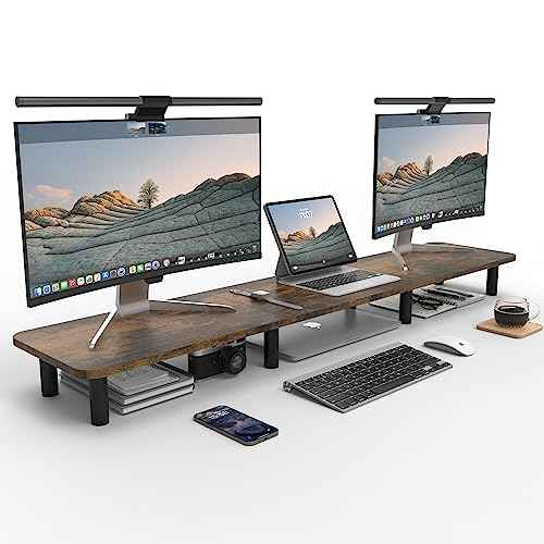 Dual Monitor Stand - 43.7 inch Extra Long Wide TV Stand - Wood & Steel Leg Desktop Riser - Desk Organization - Home Office (Vintage)